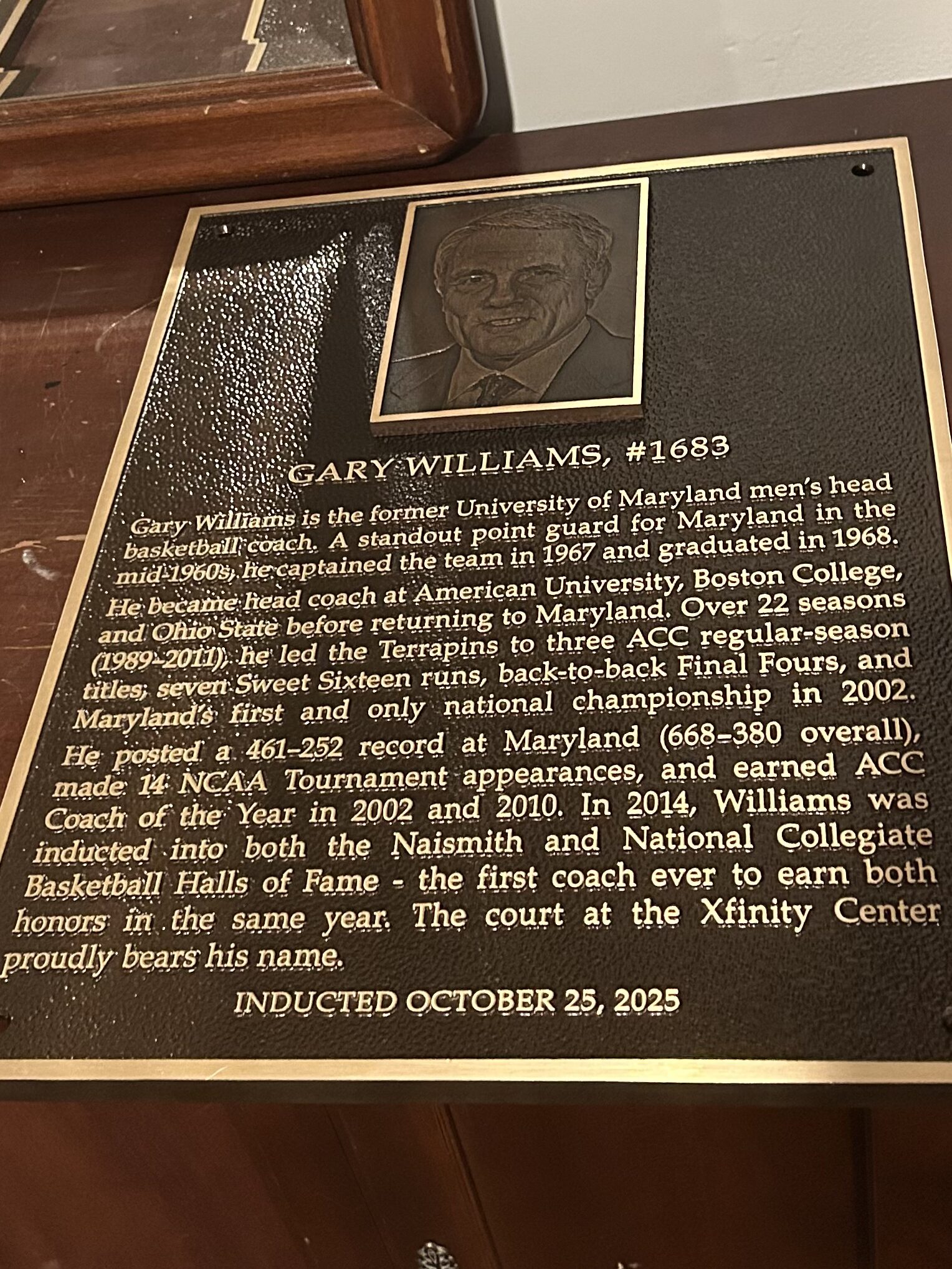 UMD MD Alpha 95th HOF Gary Williams plaque